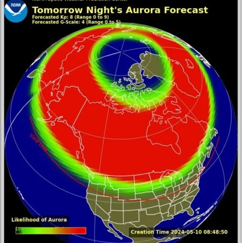 Map diagram of the likelihood of seeing auroras