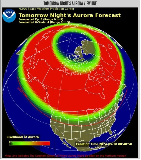 Map diagram of the likelihood of seeing auroras